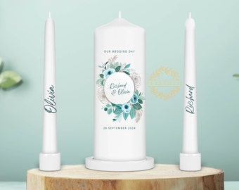 Personalized Wedding Unity Candle Set – Blue Floral Ceremony Candles