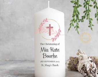 Personalised Pink Eucalyptus Christening Candle - Baptism Candle - Ireland
