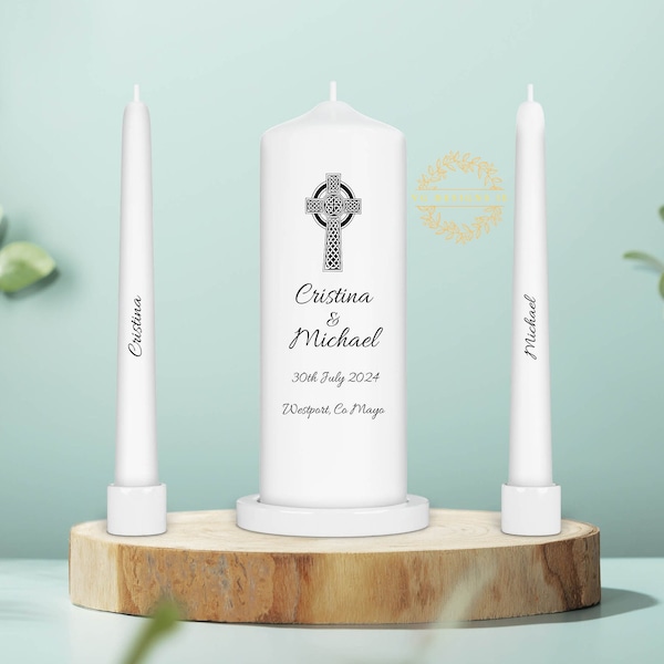 Personalised Unity Candle Set - Ceremony Candles - Personalised Wedding candle set - Elegant Celtic Cross Candle Set- Ireland