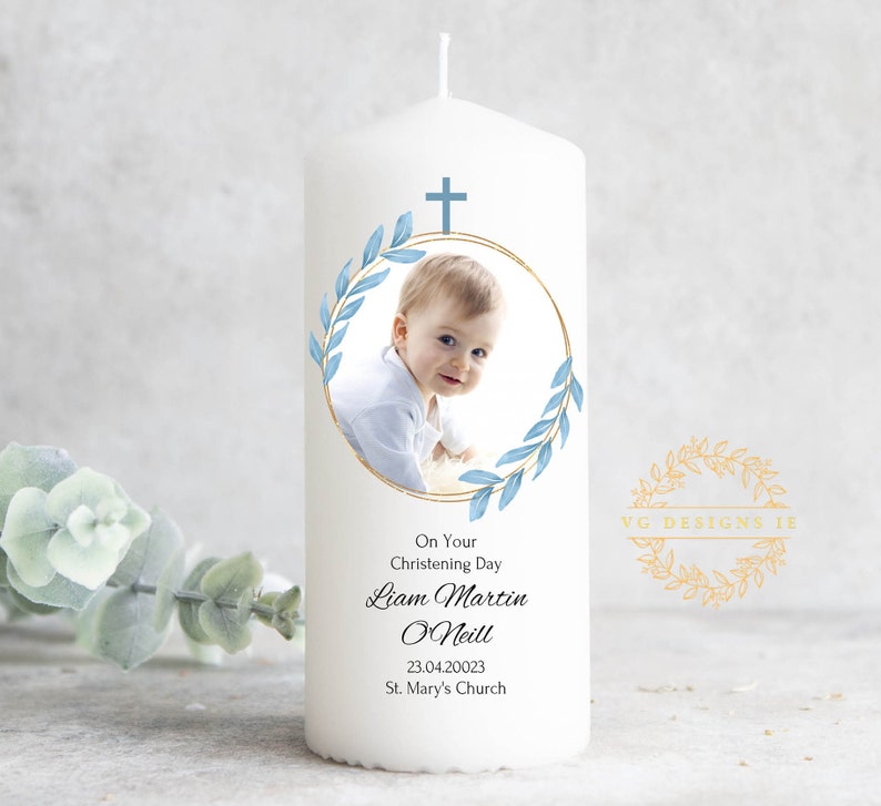 Personalised Christening Candle with your baby's photo Custom Baptism Candle Christening Candle for boy Ireland image 1