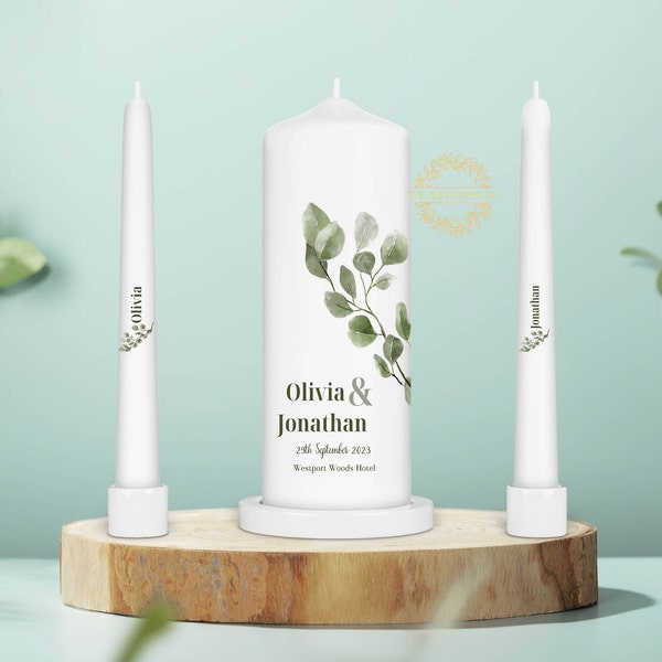 Modern Eucalyptus Wedding Unity Candle Set - Ceremony Candles - Personalised Wedding candle set - Ireland