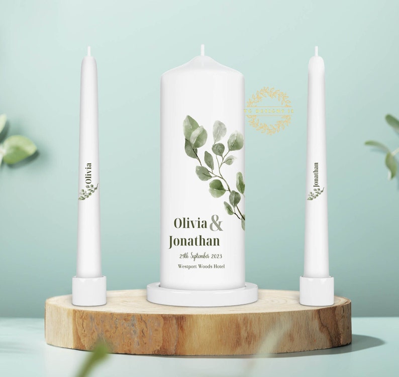 Modern Eucalyptus Wedding Unity Candle Set Ceremony Candles Personalised Wedding candle set Ireland zdjęcie 1