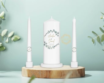 Personalized Wedding Unity Candle Set - Gold Eucalyptus Design