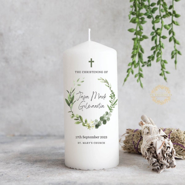 Personalised Christening Candle with Eucalyptus - Baptism Candle - Ireland