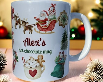 Personalised Hot Chocolate Christmas Mug - 11oz Santa & Reindeer Holiday Cup