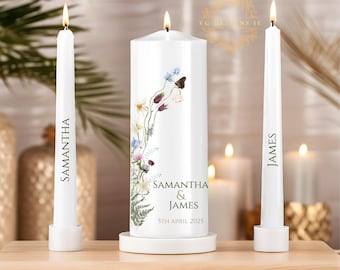 Personalised Wedding Unity Candle Set - Elegant Floral Design