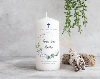 Personalized Christening Candle with Greenery and Blue Florals - Custom Baptism Candle for Boy - Ireland