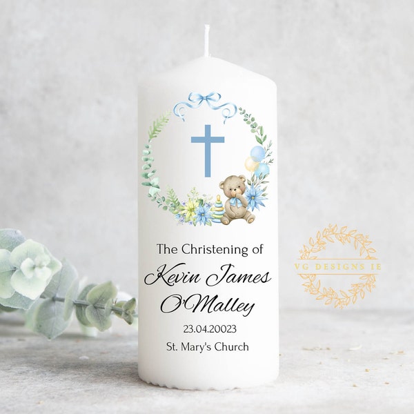 Personalised Teddy Bear Christening Candle for boy - Baptism Candle - Ireland