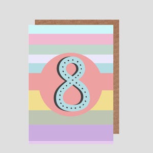 Âge 1-8 *Disponible* Numéro de carte d'anniversaire/âges à rayures/cercles de couleur pâle.  Carte d'anniversaire d'enfant