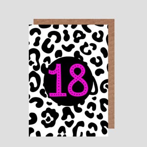 12-18 jaar *Beschikbaar* Nummer/leeftijden verjaardagskaart met felle/zwarte luipaardprint.  Tiener/volwassene