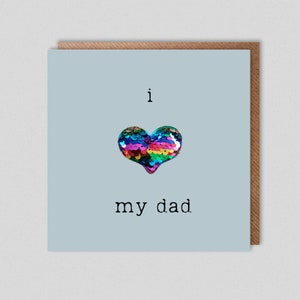 Amo a mi papá.  Tarjeta de Cumpleaños/Día del Padre *Corazón de lentejuelas acolchadas*