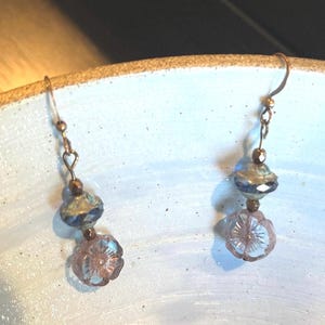 Blue Czech glass beads dangle earrings.