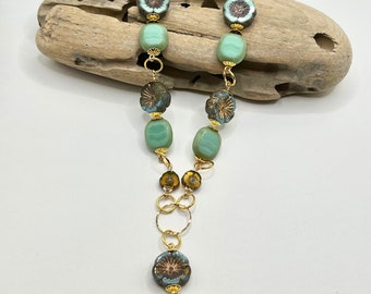 Turquoise/Teal Color Czech Glass Bead Necklace