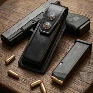 May include: A black leather magazine pouch with two decorative silver buttons, a black handgun, a magazine, and several bullets are arranged on a wooden surface. The handgun is marked "17 AUSTRIA".