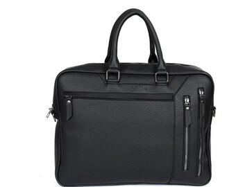 Maletín para portátil de piel vegana negra, bolso de hombro impermeable hecho a mano