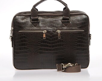 Brown Croco Color Vegan Leather Briefcase for Men or Woman , Shoulder Bag, Top Handle Bag, Leather 13"-14''-15'' Laptop Bag