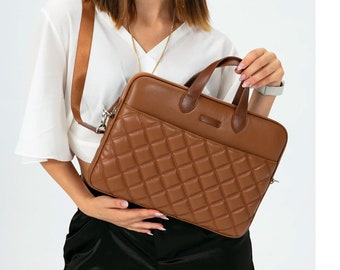 Brown Color slim Apple Macbook pro air vegan Leather Briefcase for  Woman , Shoulder Bag,Handle Bag, 11" to 14 '' Laptop Bag