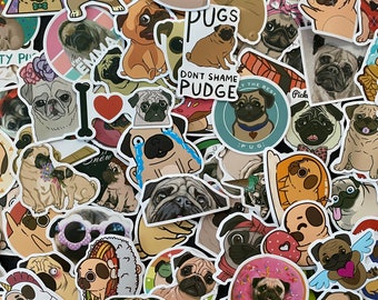 100pcs Funny Pug Dog Puppies Pugs Themed Waterproof Sticker Pack