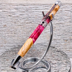 Princess Twist Ballpoint Pen In Chrome Finish With Pink Swarovski Crystal Accents And A Beautiful Maple Burl & Resin Body. The Perfect Gift.