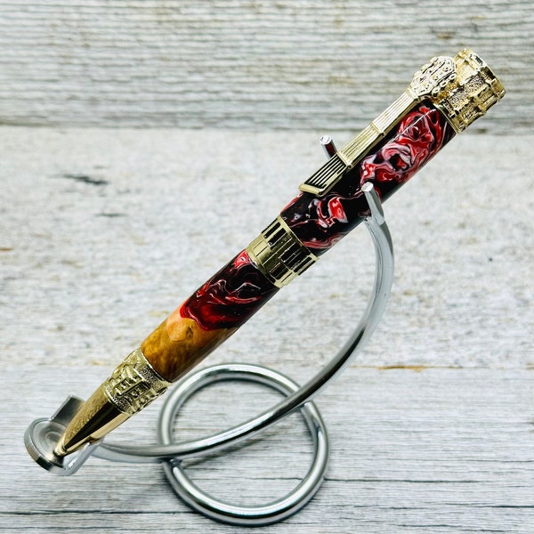 Music Ballpoint Pen In A Gold Finish, With A Beautiful Colt Brown Mallee And Resin Body.  An Excellent Gift For Any Music or Pen Enthusiast.