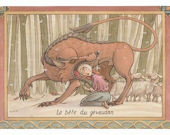 The Beast of Gévaudan - Le Bête du Gévaudan - Werewolf - Vintage style - watercolour painting- art print
