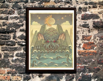 H.P.Lovecraft - Cthulhu Rises - art print by Andy Morris - watercolour and ink artwork