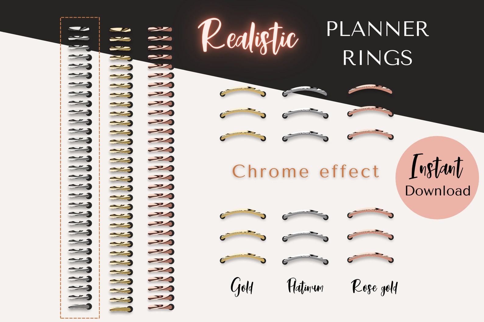 Realistic Digital Planner Rings Metallic Chrome Effect Etsy