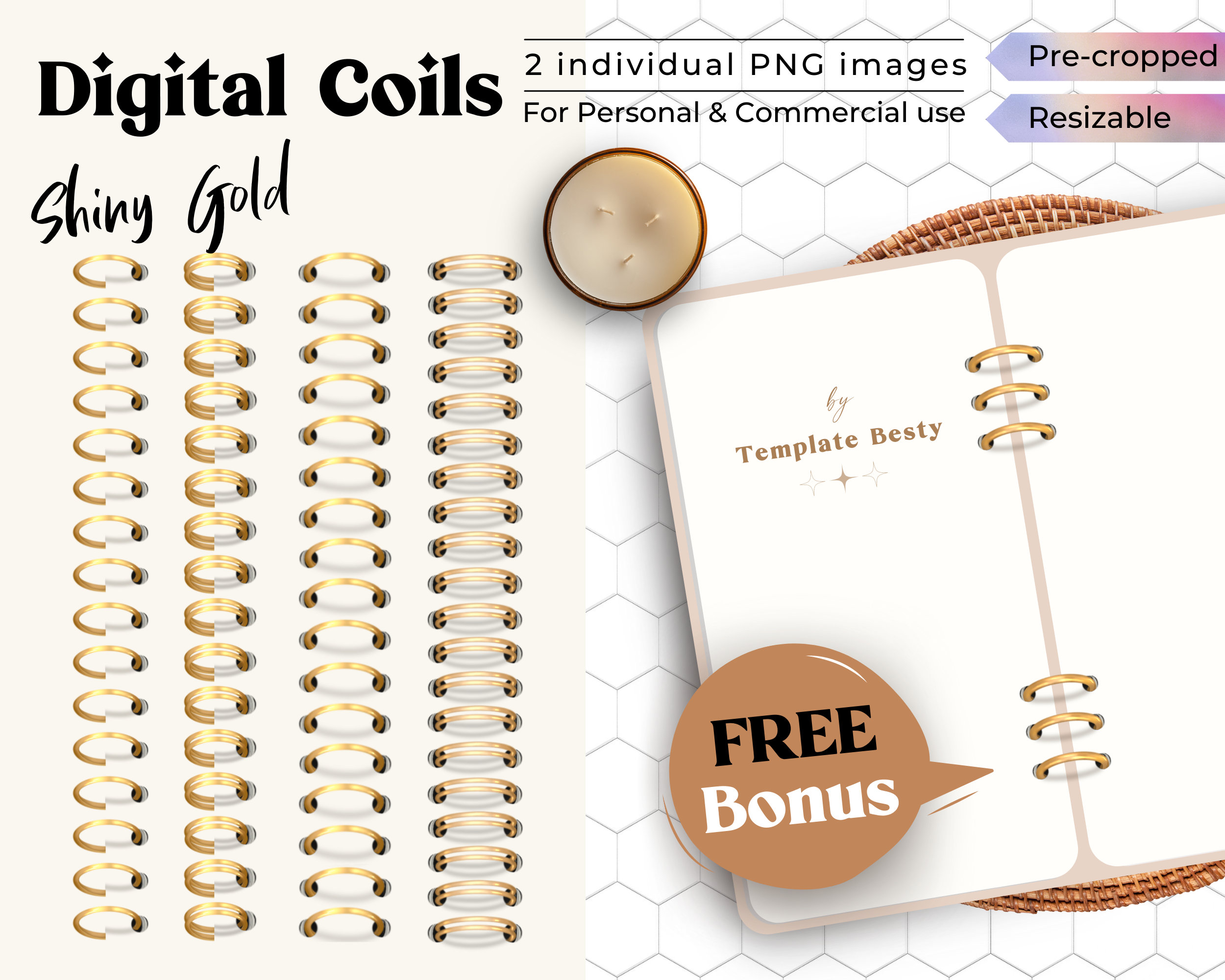Realistic Digital Planner Rings, Metallic Gold Effect, Center Ring