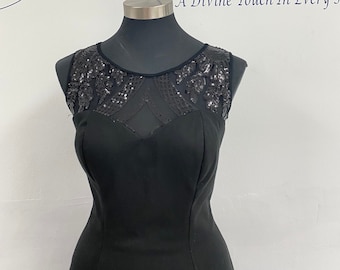Elegant short black dress, mother of the bride short dress, sparkling lace top scuba formal dresses, made in Florida custom made dresses.