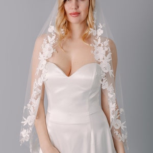 Border lace bridal veil, unique handmade floral lace wedding veil, white veil, Ivory veil, custom color veil, fingertips, cathedral wedding