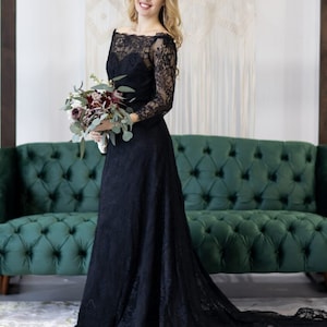 Black Lace Wedding Dress: Long Sleeve Off-Shoulder Bridal Gown