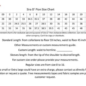May include: Size chart for Sira D' Pion dresses, with bust, waist, and hip measurements in inches. Includes standard length measurements: 59 inches from collarbone to floor, 45 inches waist to floor. Regular sizes range from 0 to 16.