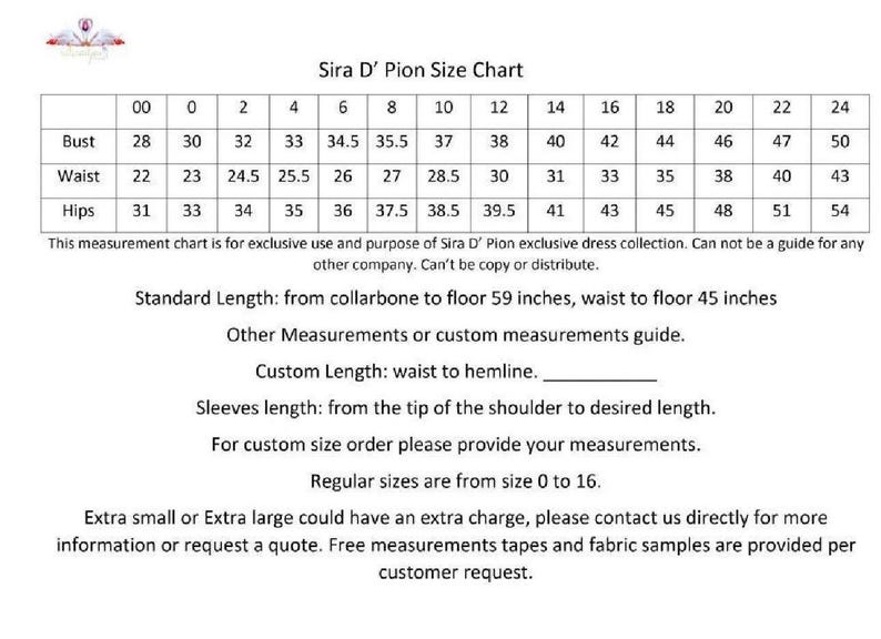 May include: Size chart for Sira D' Pion dresses, with bust, waist, and hip measurements in inches. Includes standard length measurements: 59 inches from collarbone to floor, 45 inches waist to floor. Regular sizes range from 0 to 16.