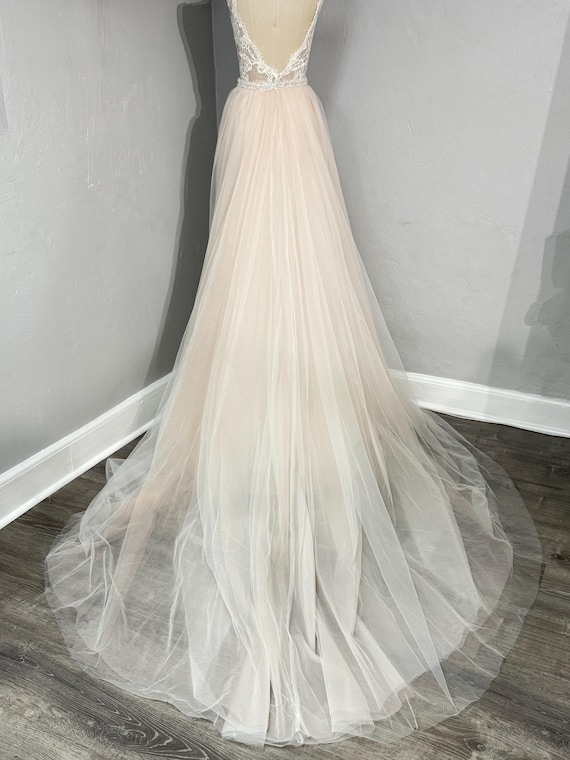 Champagne Wedding Dress Detachable Skirt: Long Train, Beaded Waist
