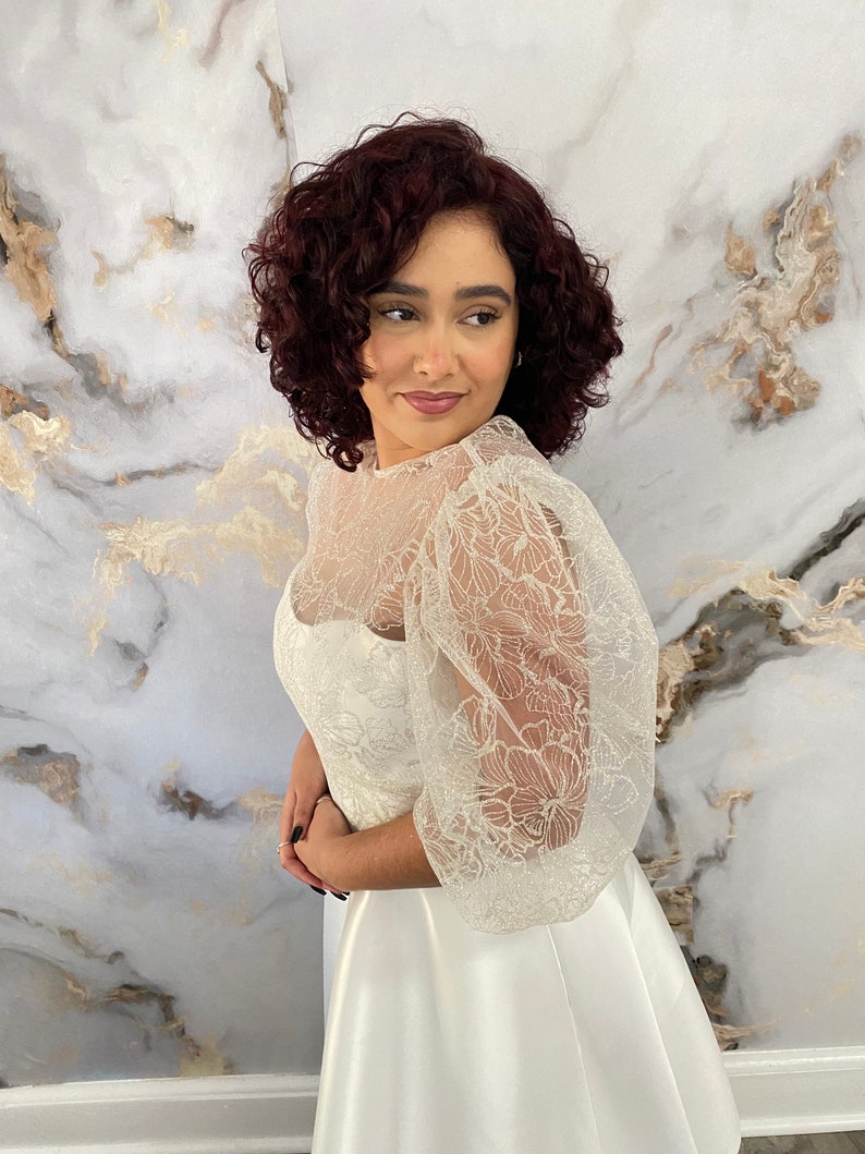 Wedding Dress Topper, Sparkling Shear Bridal Gown Topper, Puffy Sleeves ...