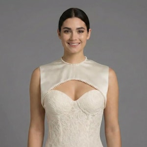 Satin Bridal Topper, Pearl High Neck Short Wedding Dress Bolero,