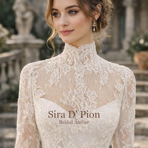 Bolero de encaje francés de alta costura para novias – Top de cuello alto para boda, top de cintura baja para vestido B056