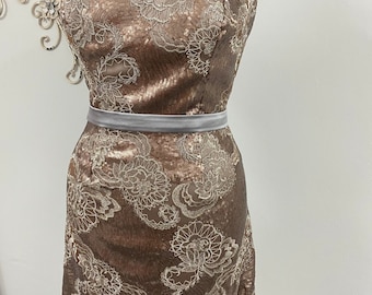 Mother of the bride short elegant formal dress, unique sequins lace fabric, brown/ dark silver, knee length formal mother of the groom dress