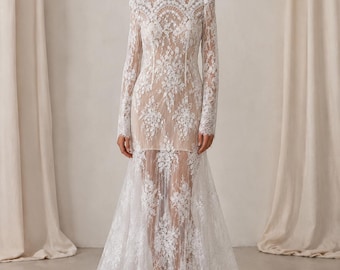 High Neck French Lace Wedding Dress Overlay with Long Sleeves – Sheer Couture Bridal Coverup