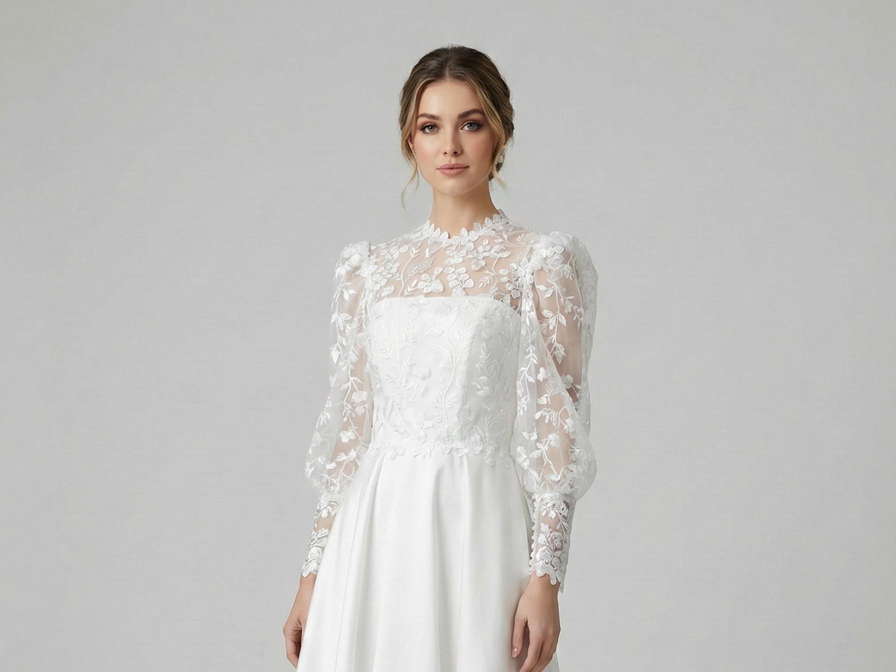 boho wedding dress topper Bohemian Floral Lace Wedding Dress Topper: Puffy Sleeve Bridal Top #B42