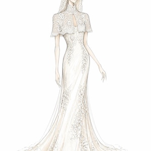 May include: An illustration of a white wedding gown with a high neckline and a lace capelet. The dress features floral lace detailing and a flowing train. A matching lace veil completes the bridal look.