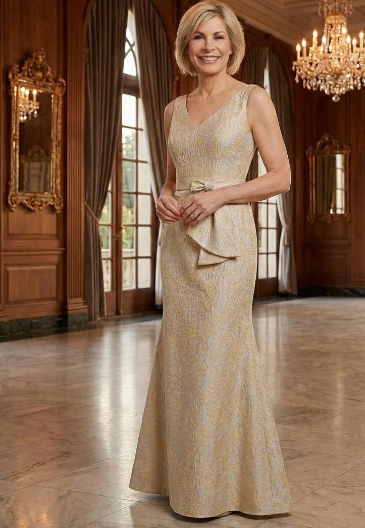 Gold-Silver Jacquard Mother of The Bride Dress: Couture V-Neck