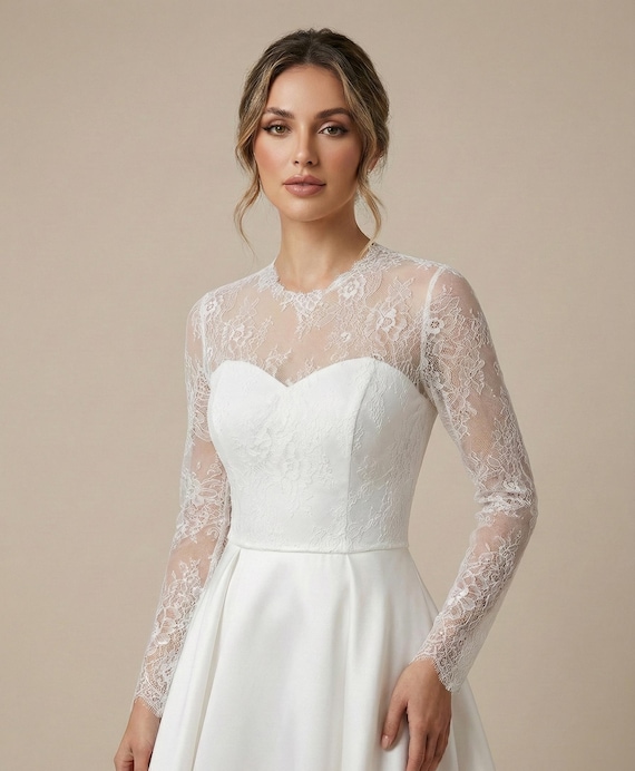 Chantilly Lace Bridal Topper: High Neck Long Sleeve Wedding Cover Up Chantilly Lace Bridal Topper: High Neck Long Sleeve Wedding Cover Up