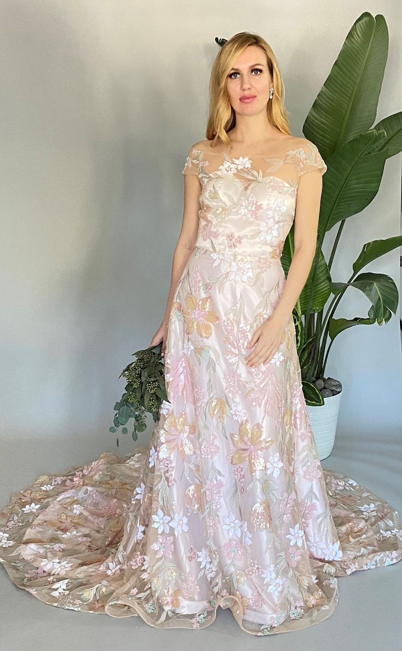One of Kind Wedding Dress, Pink Floral Wedding Dress. off the Shoulder