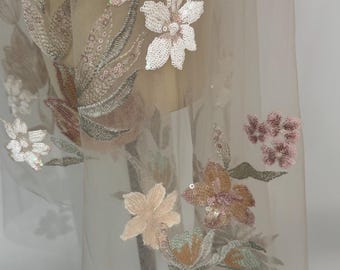 Floral Wedding Veil: Pink Embroidered Sequined Wildflowers, 60" Long