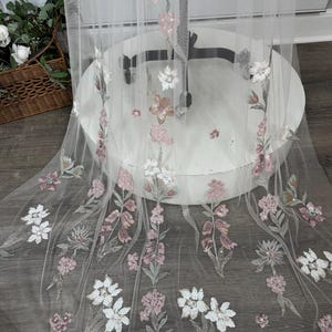 Blush Pink Veil, Chapel length Bridal Veil, Floral veil, Fairy Tale Hippie Style Veil, Unique Colorful Veil. Wedding Veil, Blush Bride Veil.