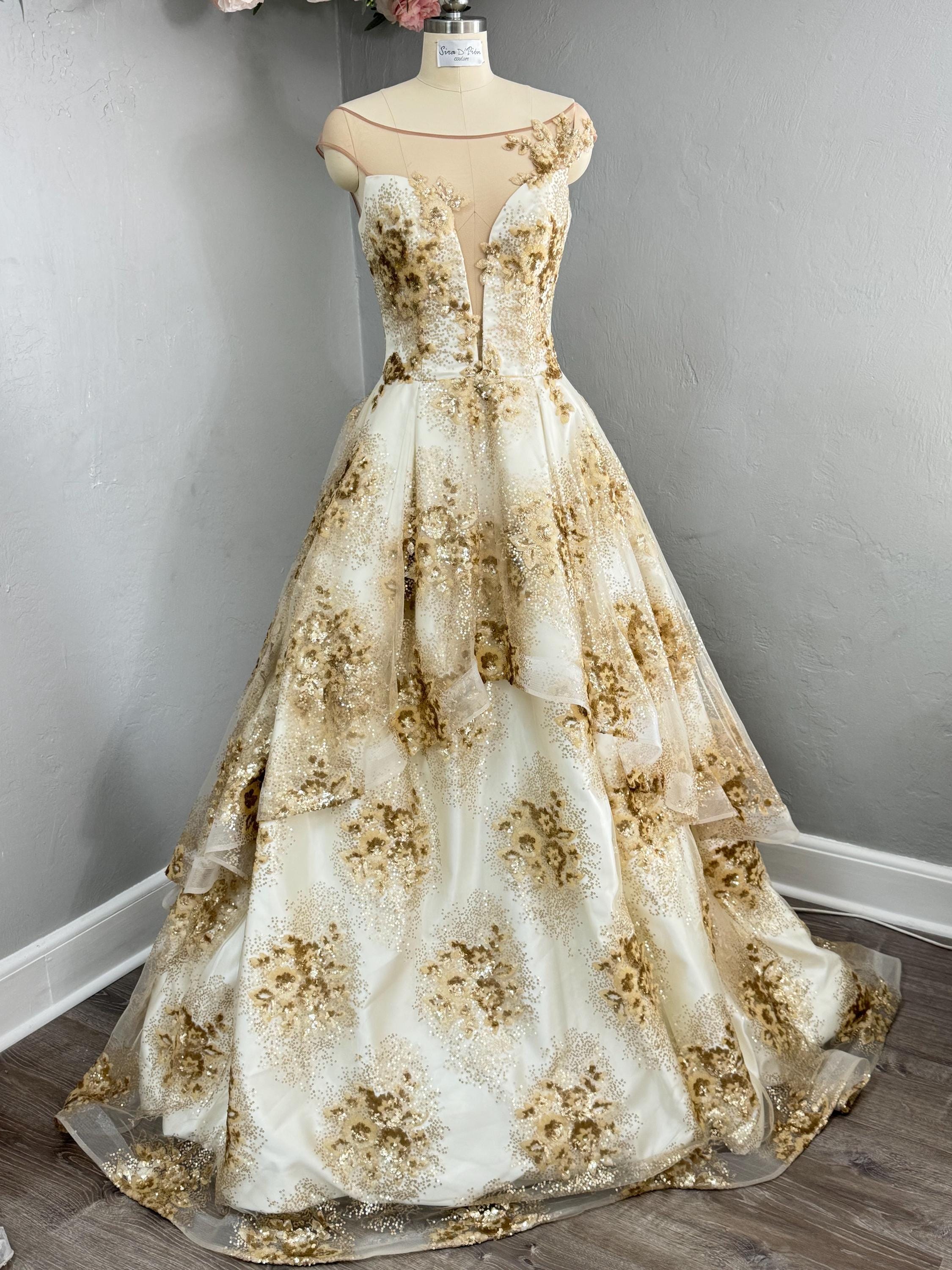 Gold Sequin Ball Gown Wedding Dress: Plunge Neckline, Illusion Details Gold Sequin Ball Gown Wedding Dress: Plunge Neckline, Illusion Details