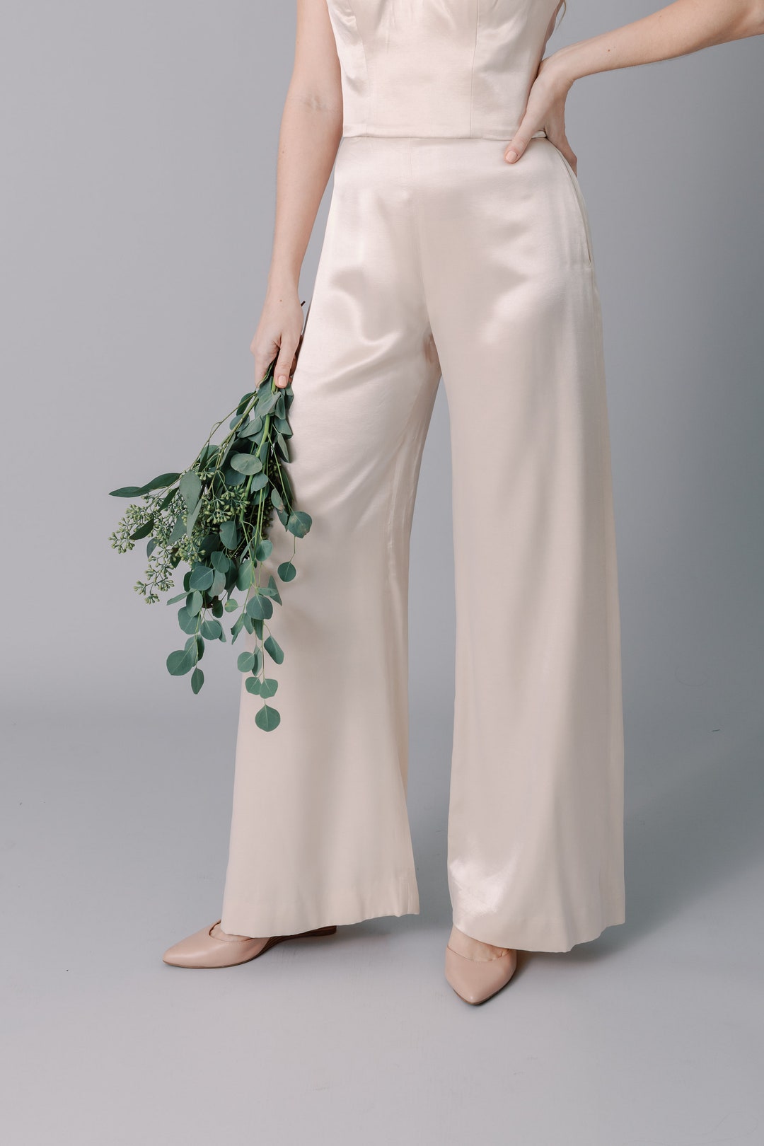 Wedding Dress Pants, Bridal Pant Set, Unique Soft Satin. Champagne