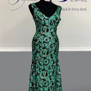 Emerald green sequins formal dress. Black tie formal wedding event, mother of the bride or guest dress. Made in Florida high quality dress.