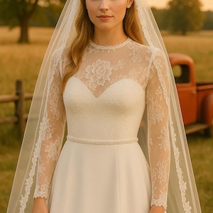 Braut Cover Up, Spitze Hochzeit Bolero Topper, Langarm Perlen Blumenspitze, High-Neck Chantilly Spitze Braut Topper, Hochzeitskleid Topper B20